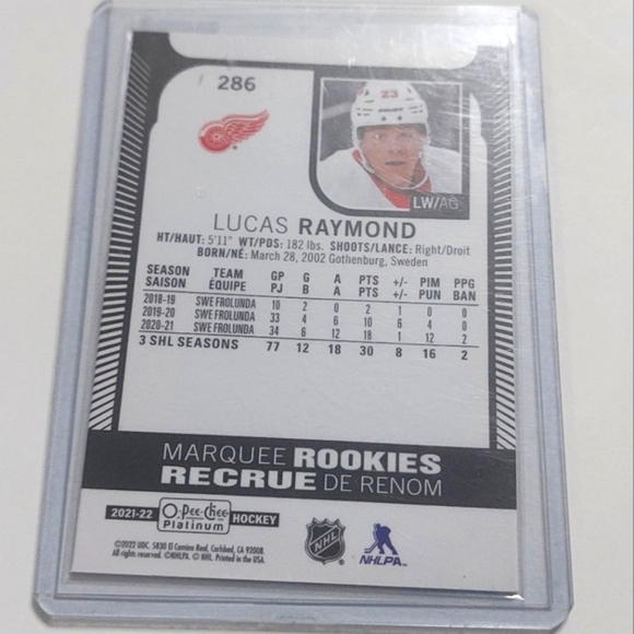 Lucas Raymond Marquee Rookies Card OPC Platinum 2021/22 - Picture 2 of 2